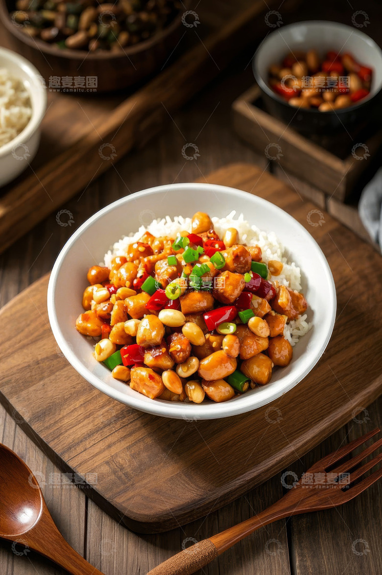 木盘上的宫保鸡丁盖浇饭