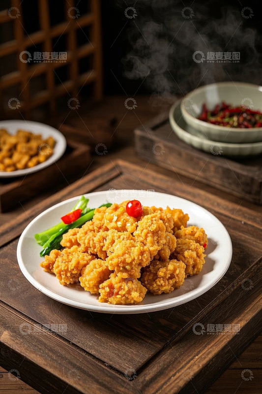 木桌上的美味油炸鸡肉