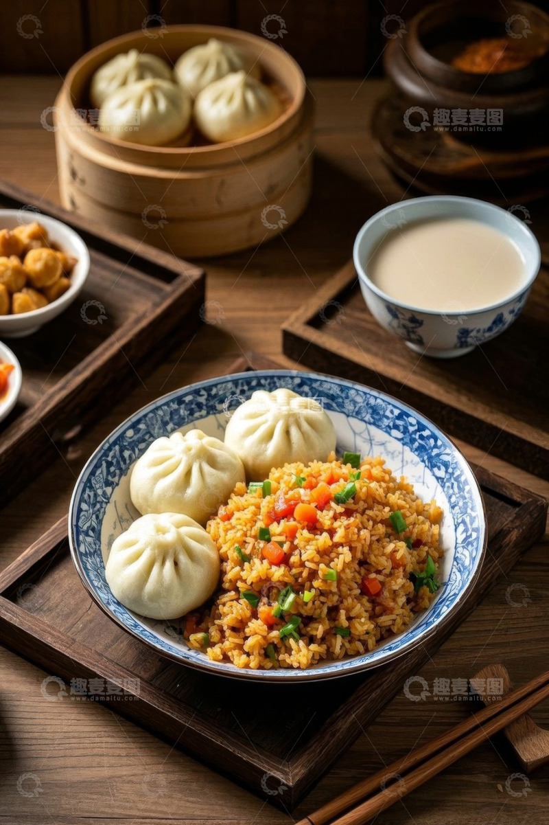 高清大图下载【趣麦麦图】中式早餐包子与炒饭组合