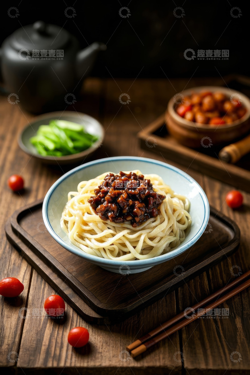 高清大图下载【趣麦麦图】木桌上的一碗美味炸酱面