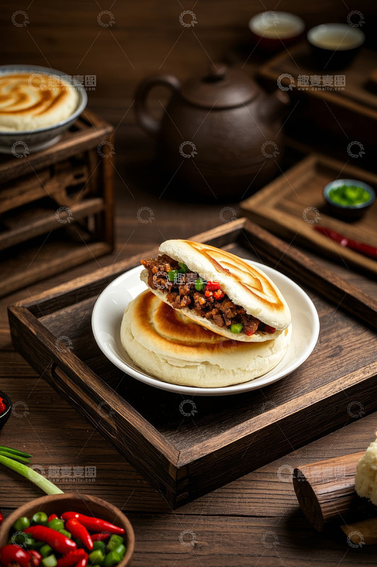 中式木桌上的美味肉夹馍