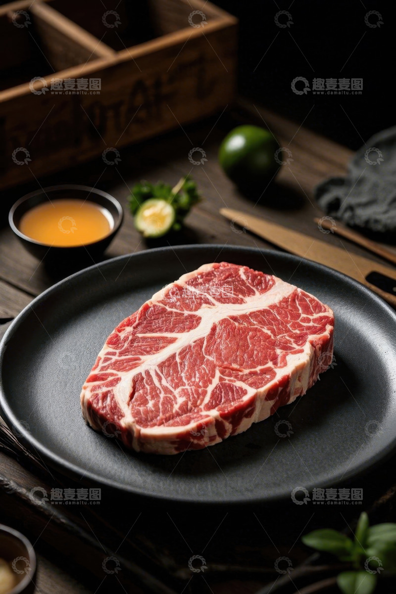 高清大图下载【趣麦麦图】黑色餐盘上的新鲜牛排