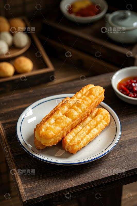木桌上盘子里的香脆油条