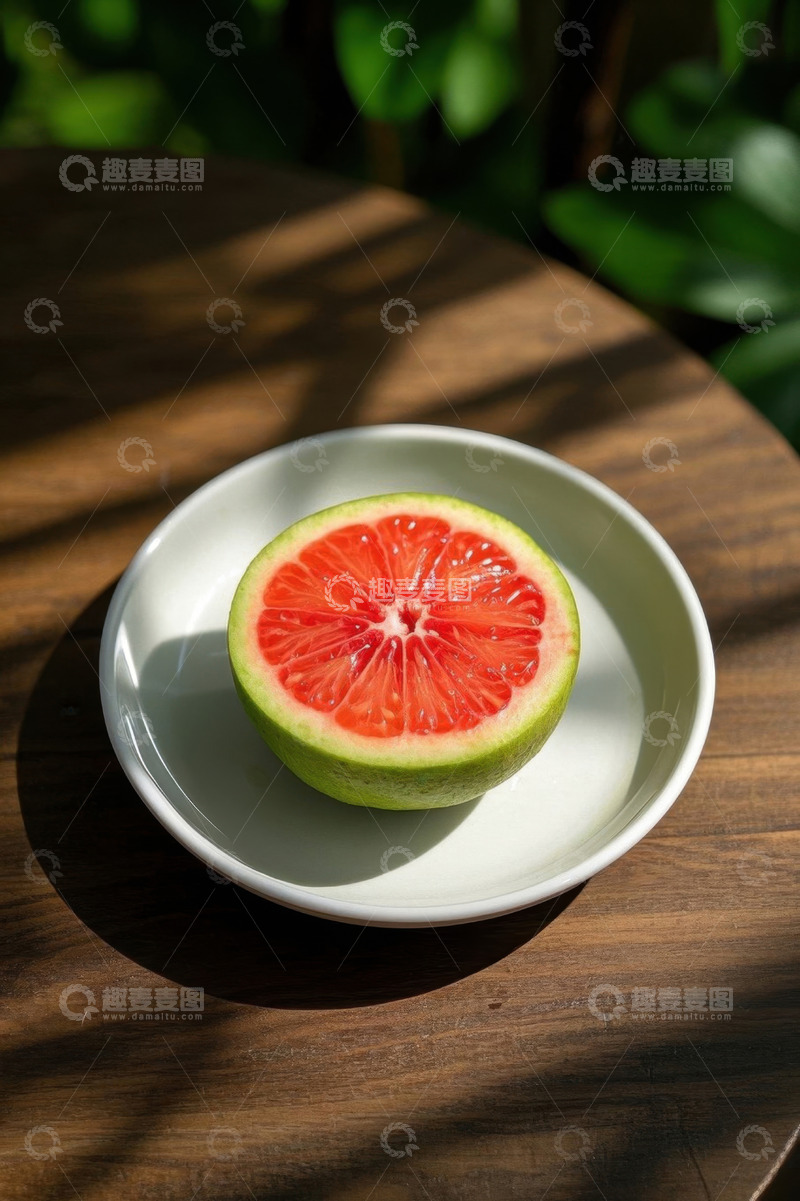 高清大图下载【趣麦麦图】木桌上白盘内的半颗西柚