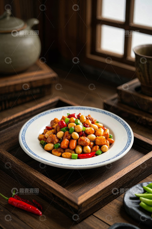 中式餐厅里摆盘精致的宫保鸡丁