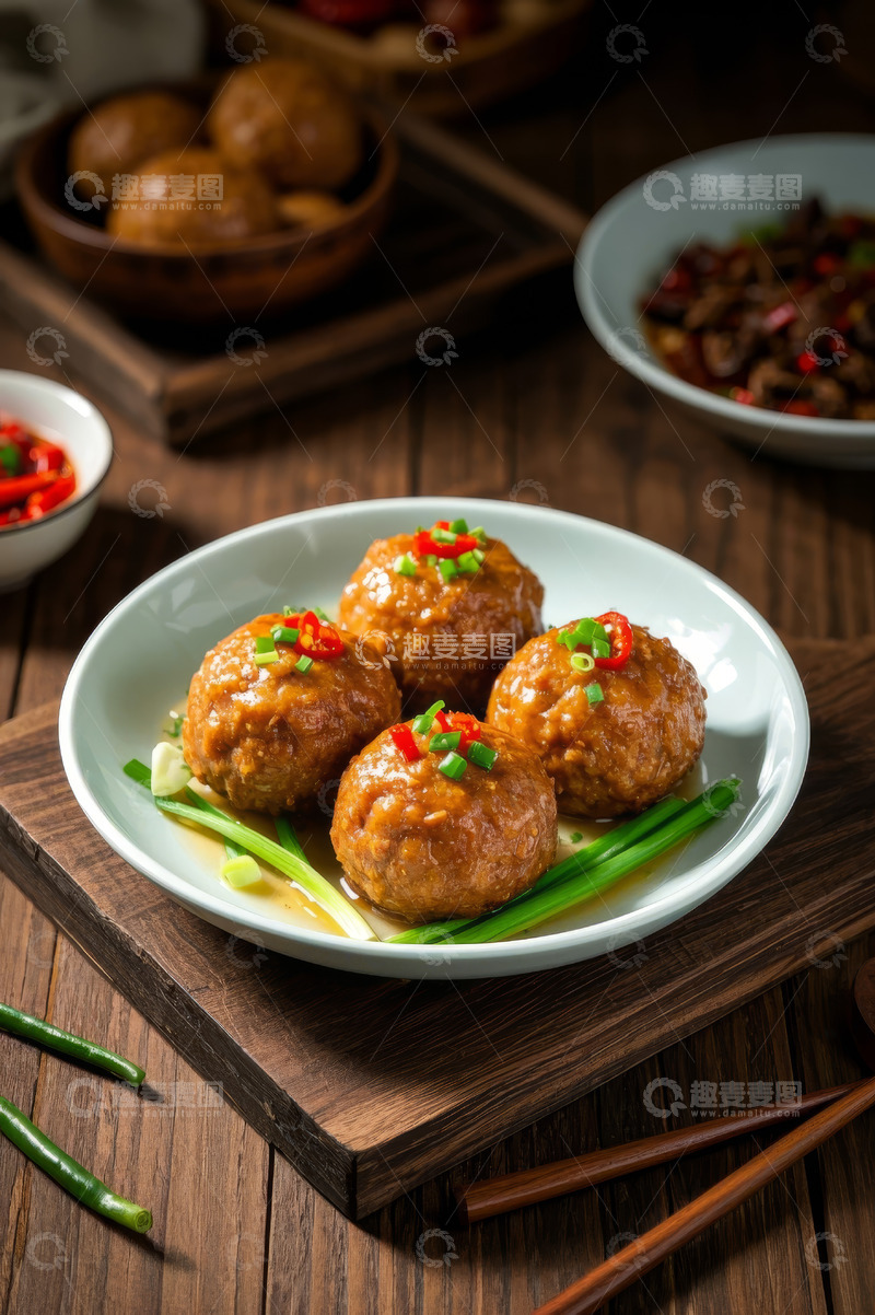 高清大图下载【趣麦麦图】盘中红烧狮子头美食特写