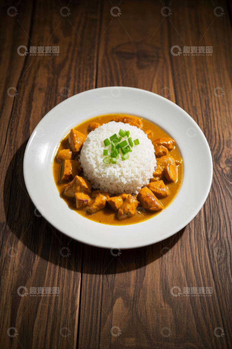 高清大图下载【趣麦麦图】木桌上的咖喱鸡肉盖浇饭