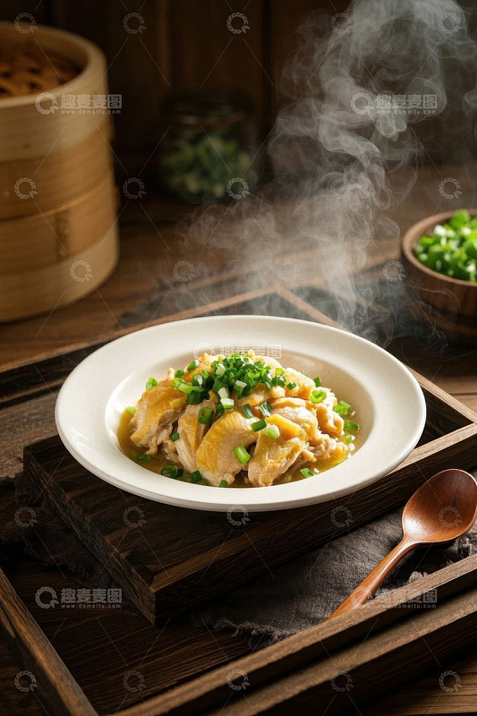 热气腾腾的葱香鸡肉菜肴