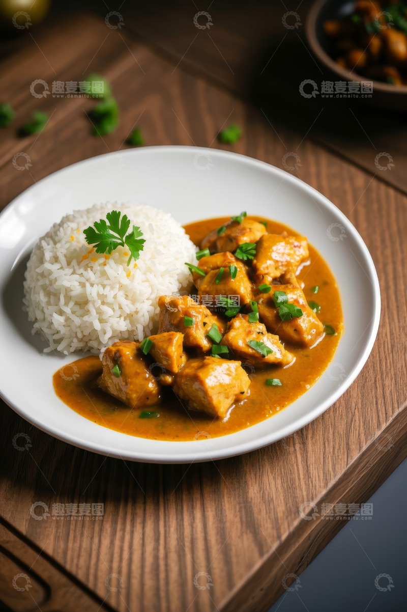 高清大图下载【趣麦麦图】盘中咖喱鸡肉配米饭美食