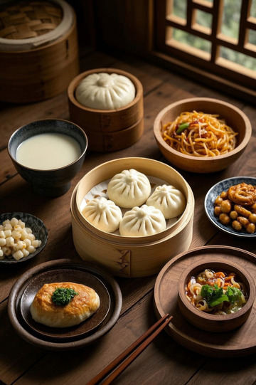 中式早餐多种美食摆拍