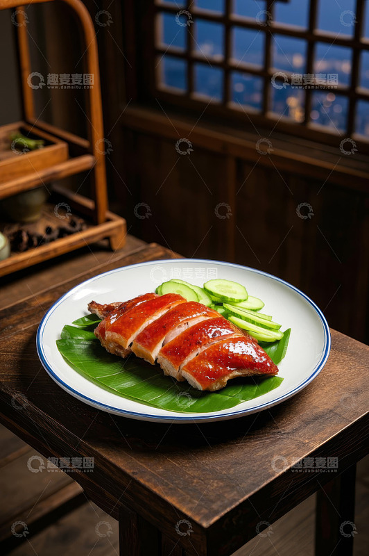 中式摆盘的烤鸭美食
