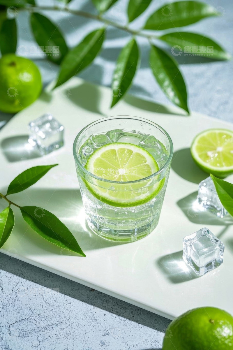 高清大图下载【趣麦麦图】玻璃杯装青柠冰块饮品静物
