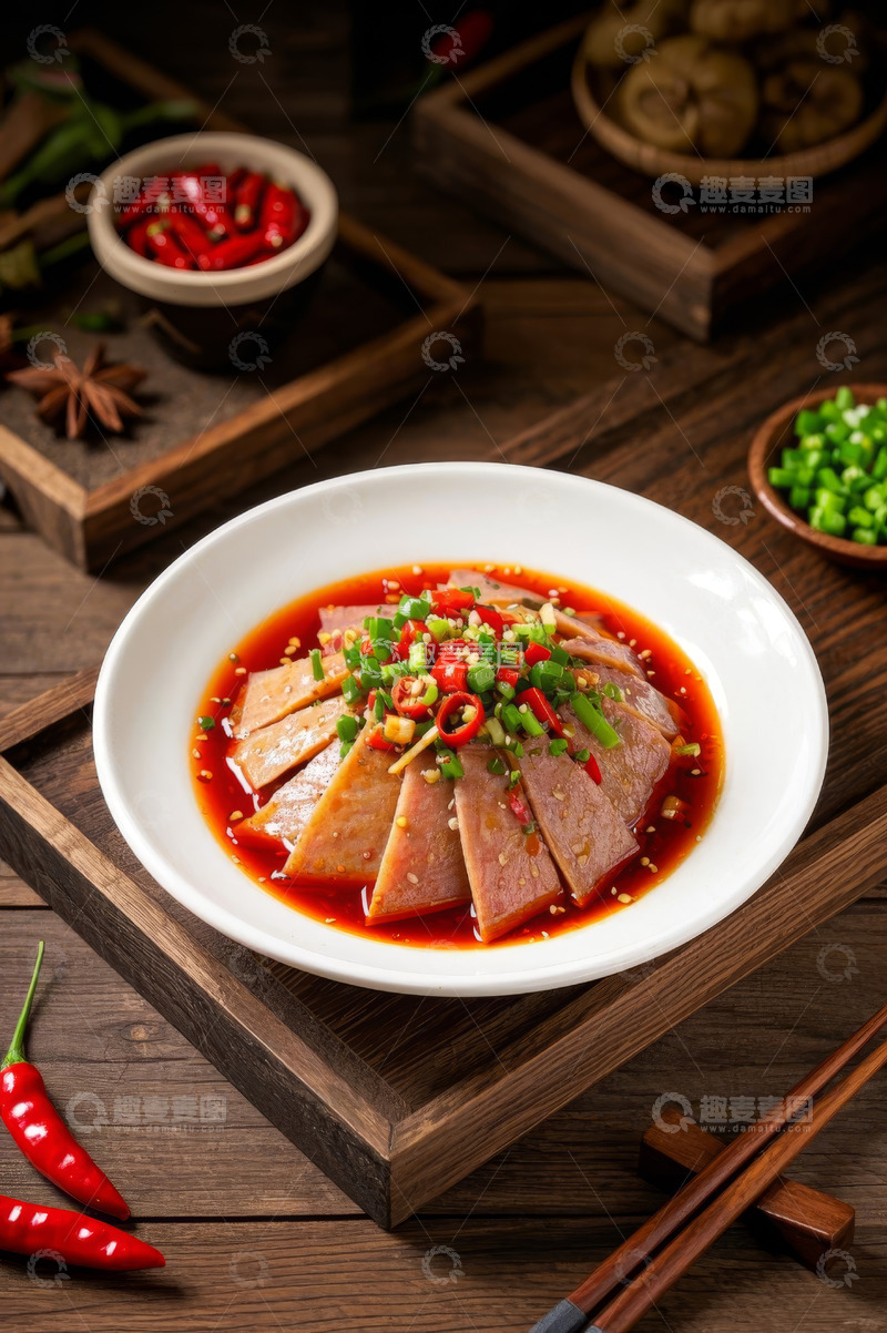 高清大图下载【趣麦麦图】木盘上的红油凉拌卤肉