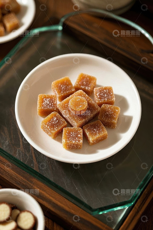 白色瓷盘内的方形糖块