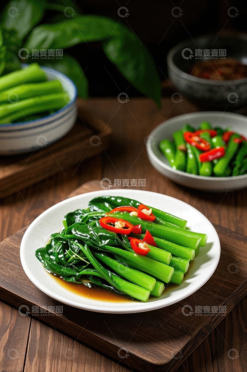 高清大图下载【趣麦麦图】木桌摆盘的清炒青菜与辣椒