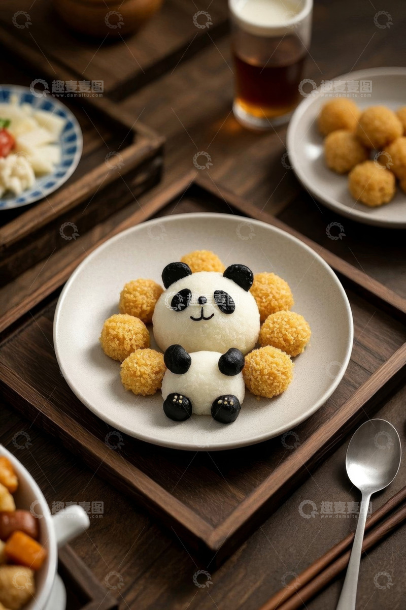 高清大图下载【趣麦麦图】熊猫造型美食摆放在木盘上