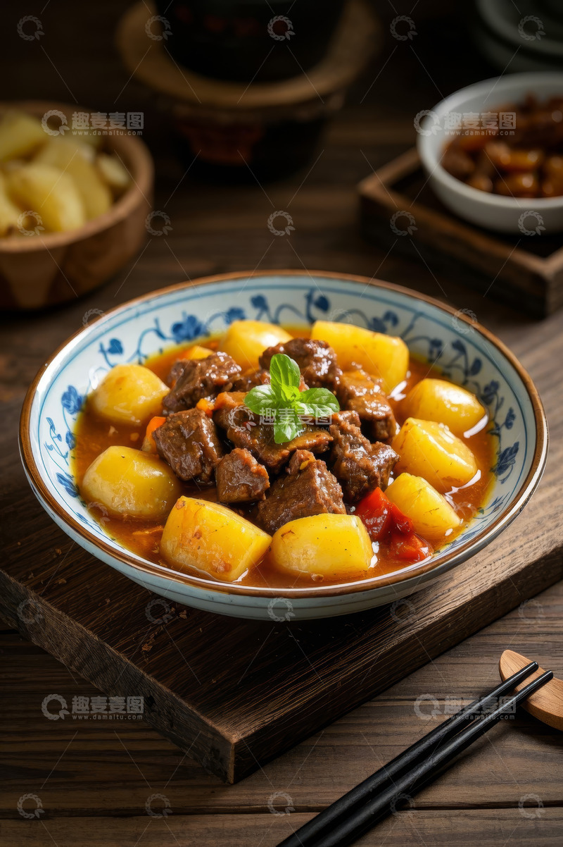 高清大图下载【趣麦麦图】中式碗装土豆烧牛肉美食