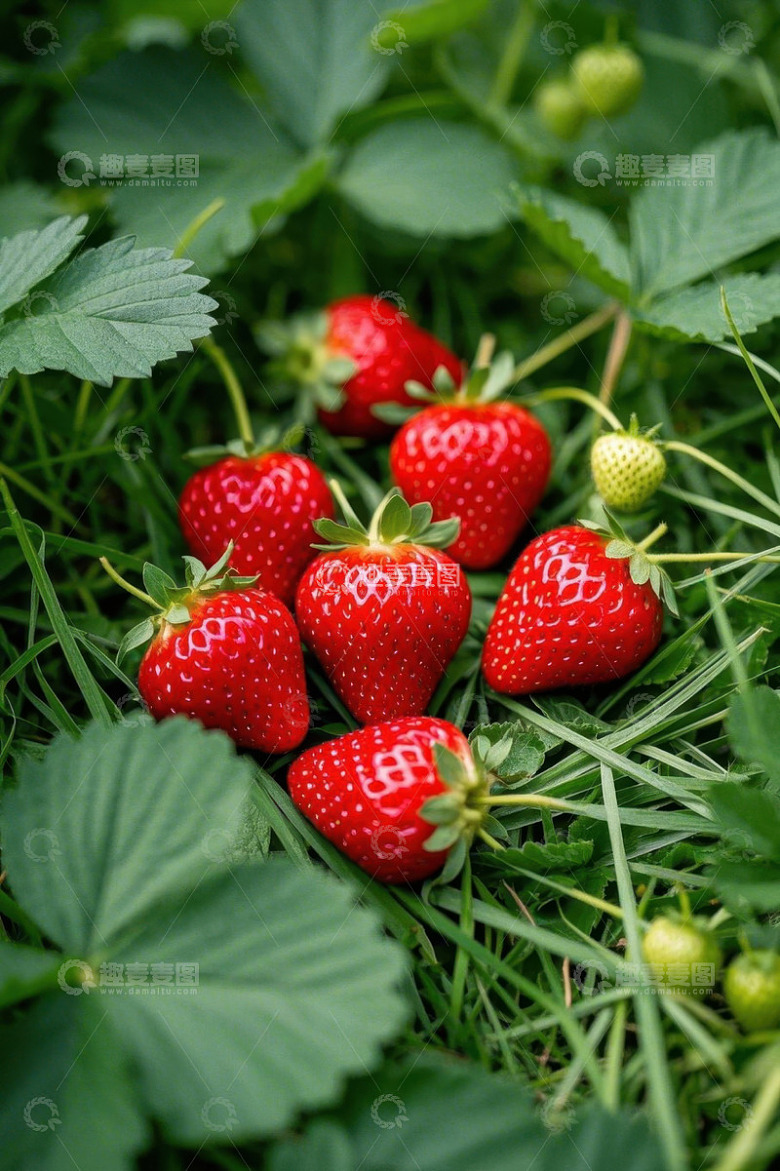 草地上成熟的新鲜草莓