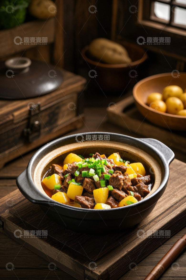 陶制砂锅中的土豆烧牛肉