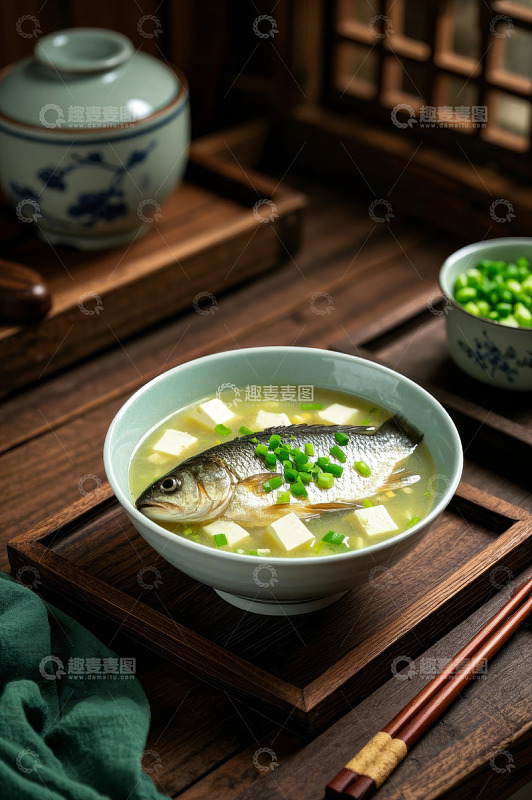 中式木桌上的鲫鱼豆腐汤