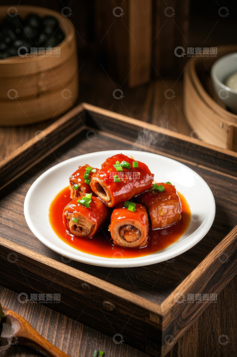 高清大图下载【趣麦麦图】木盘上的红烧猪尾美食特写