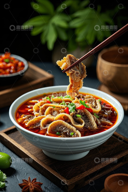 筷子夹起碗中麻辣牛肚