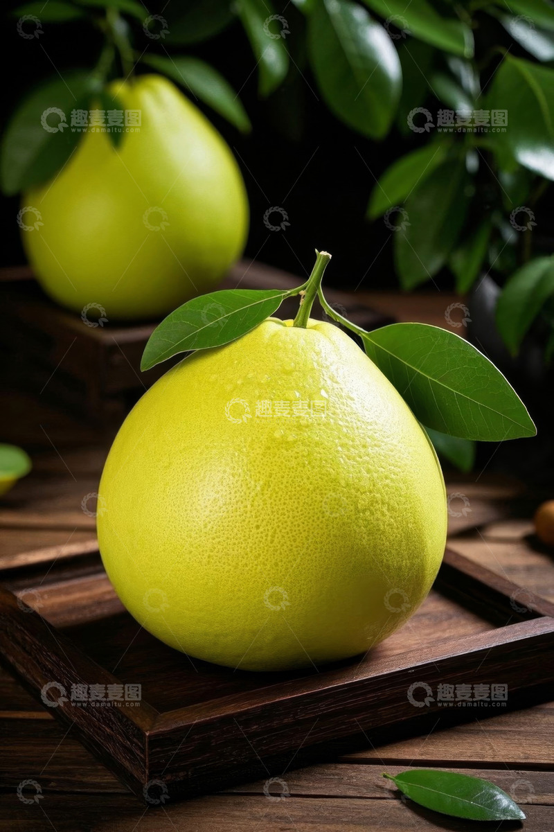 高清大图下载【趣麦麦图】木盘上带叶的新鲜柚子