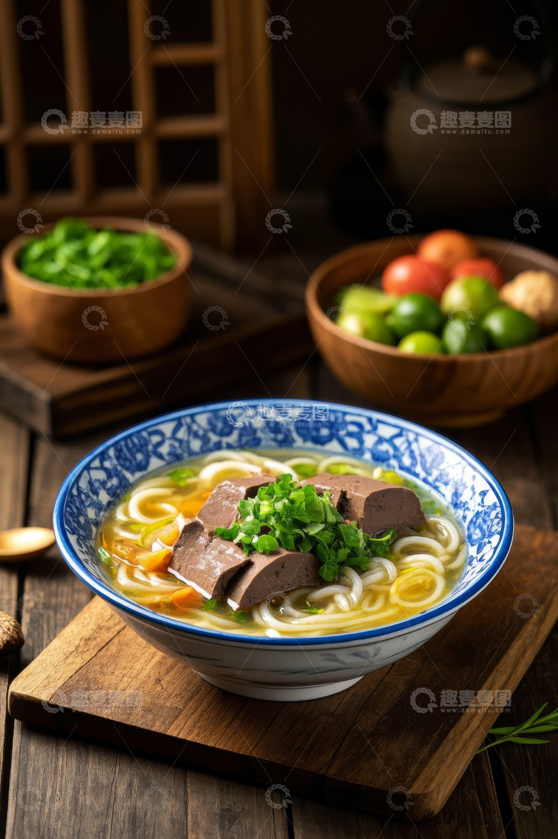 高清大图下载【趣麦麦图】中式木桌一碗猪肝面条
