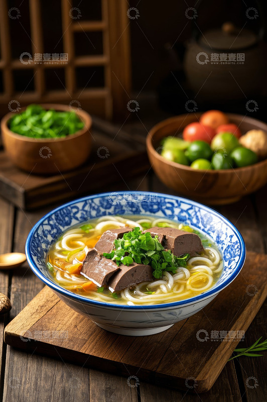 中式木桌一碗猪肝面条