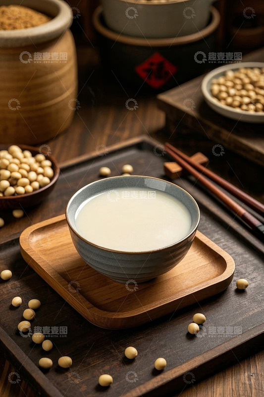 中式木盘上的豆浆与黄豆