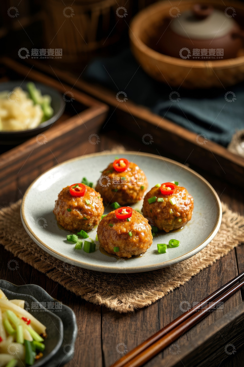 高清大图下载【趣麦麦图】中式餐桌上的红烧狮子头