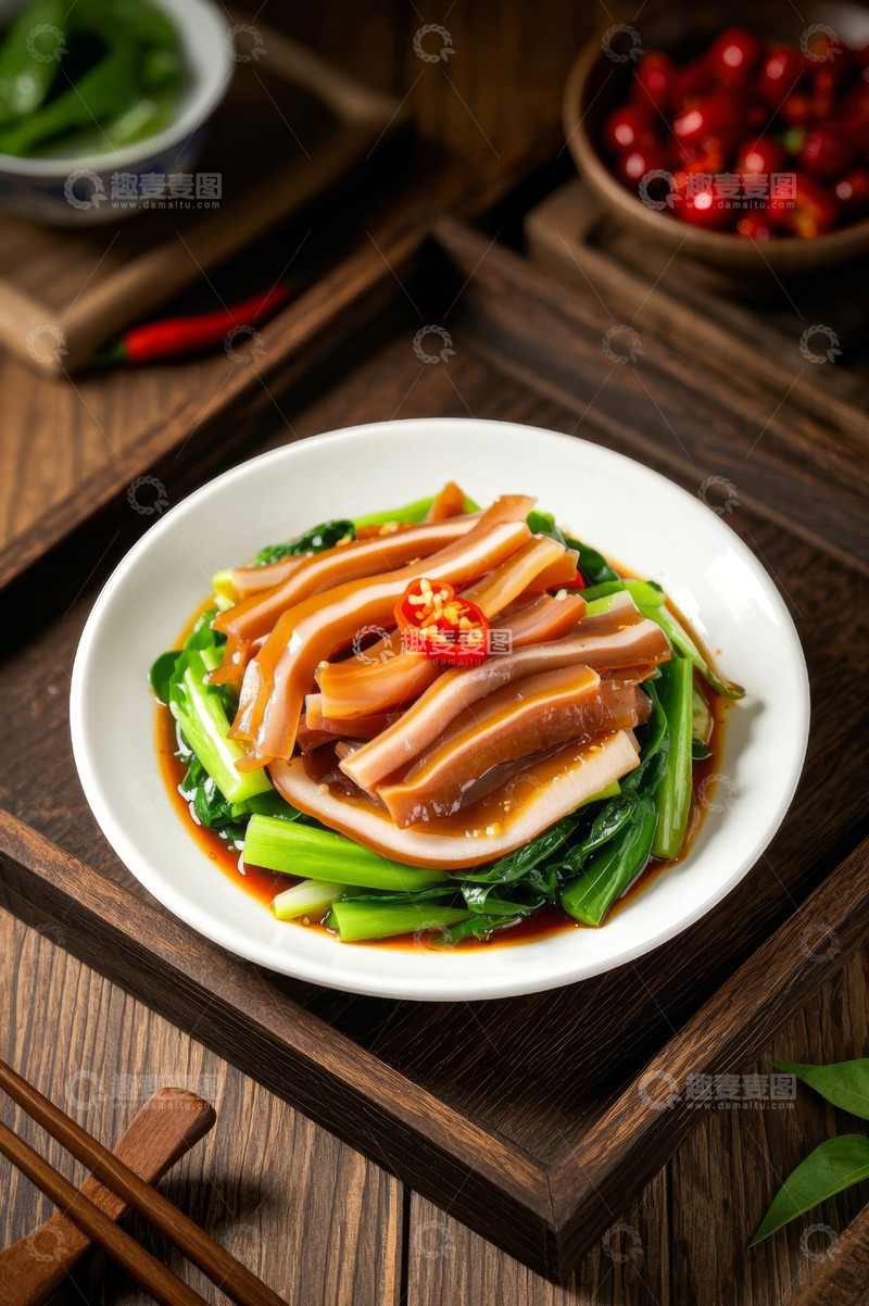 高清大图下载【趣麦麦图】木盘上的卤味青菜美食