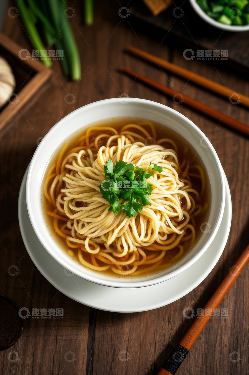 高清大图下载【趣麦麦图】木桌上的一碗香菜面条