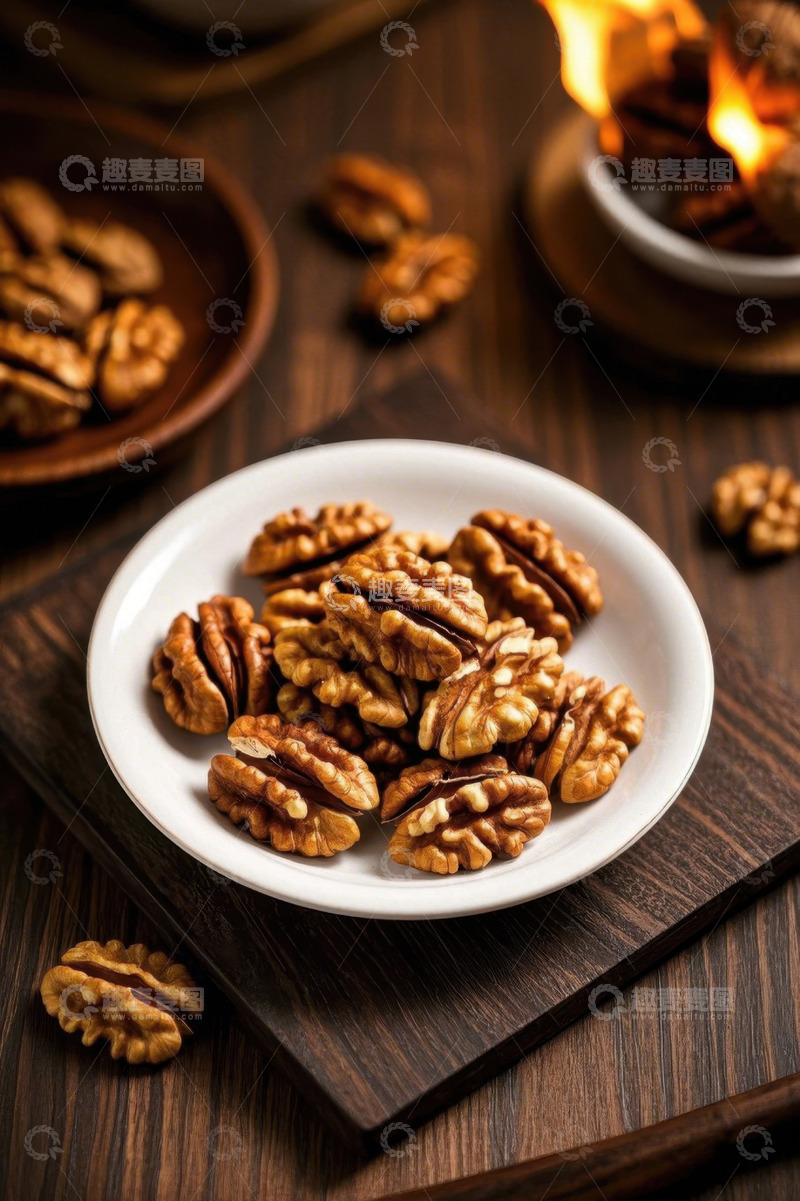高清大图下载【趣麦麦图】木桌上白盘装着核桃仁