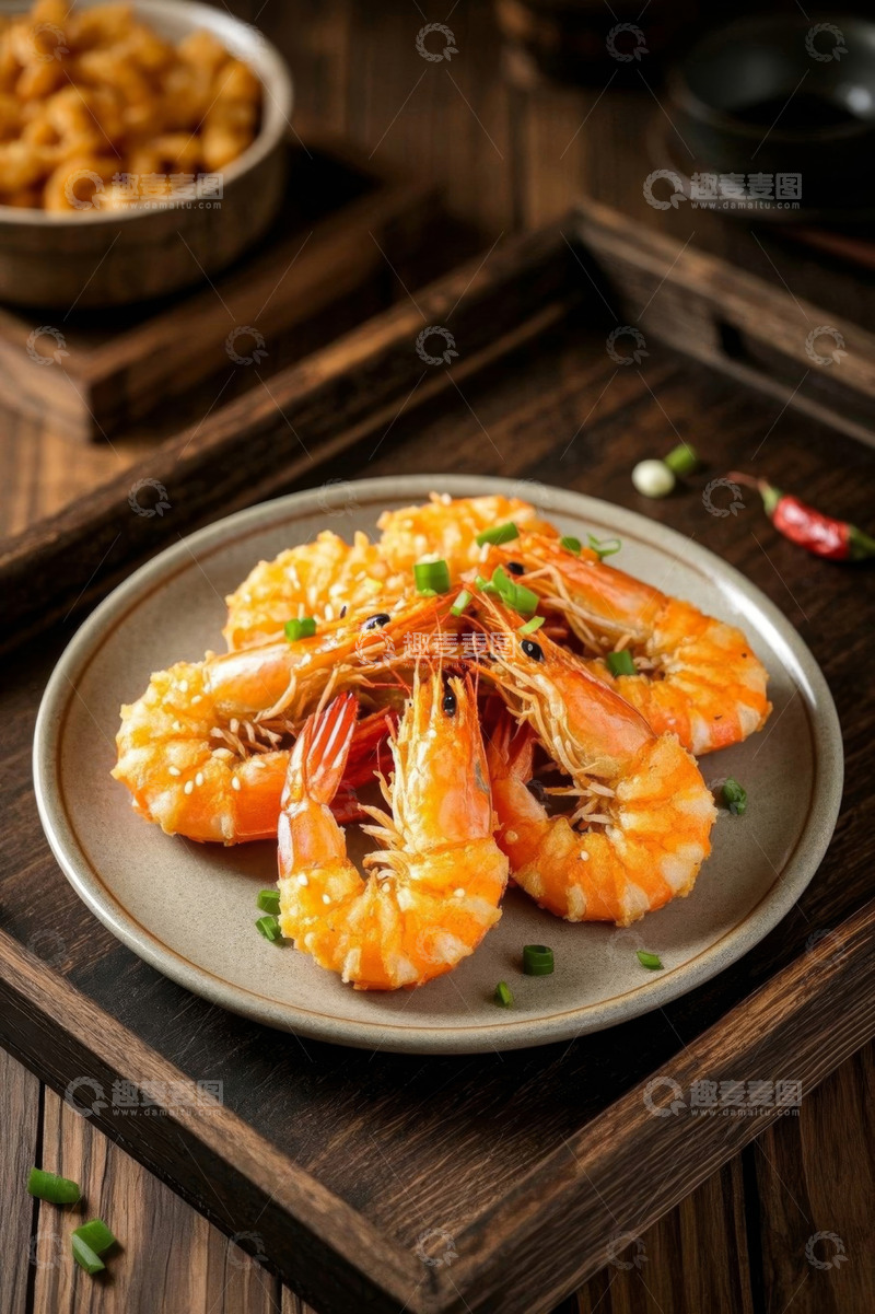 高清大图下载【趣麦麦图】木盘上的美味大虾摆盘