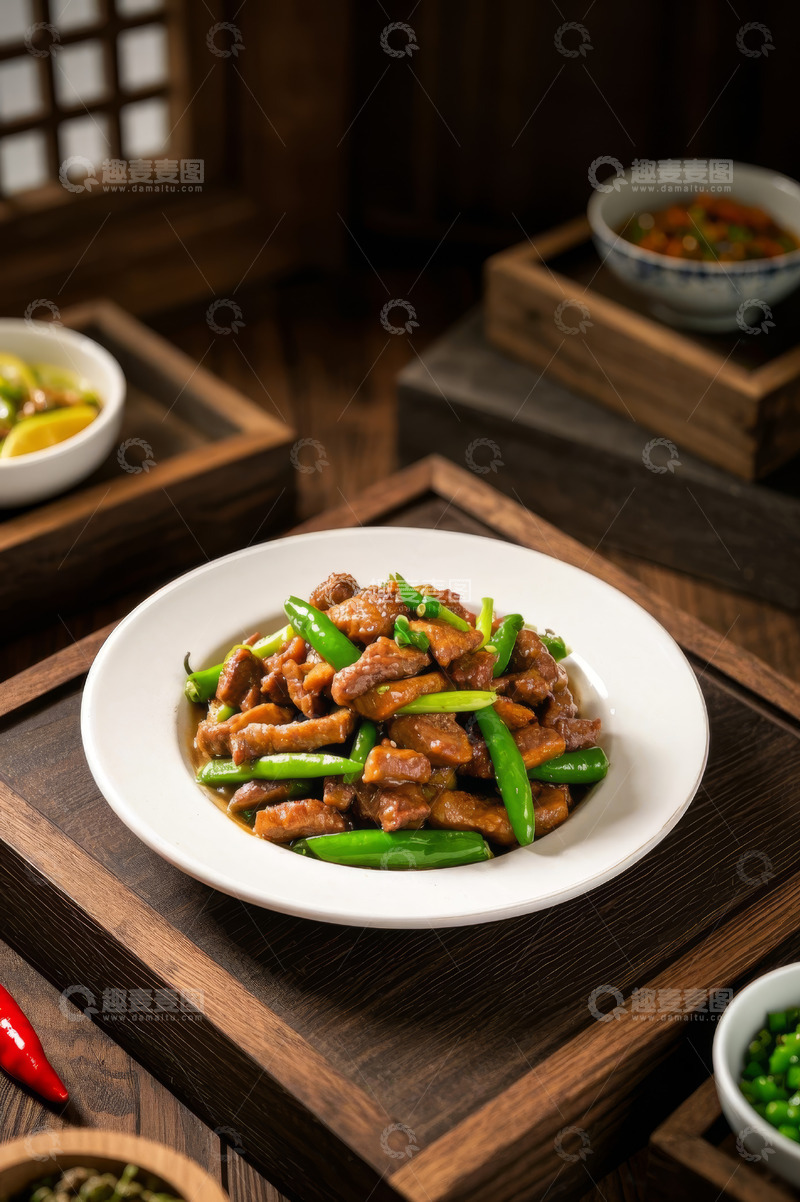 高清大图下载【趣麦麦图】中式餐桌上的辣椒炒肉美食