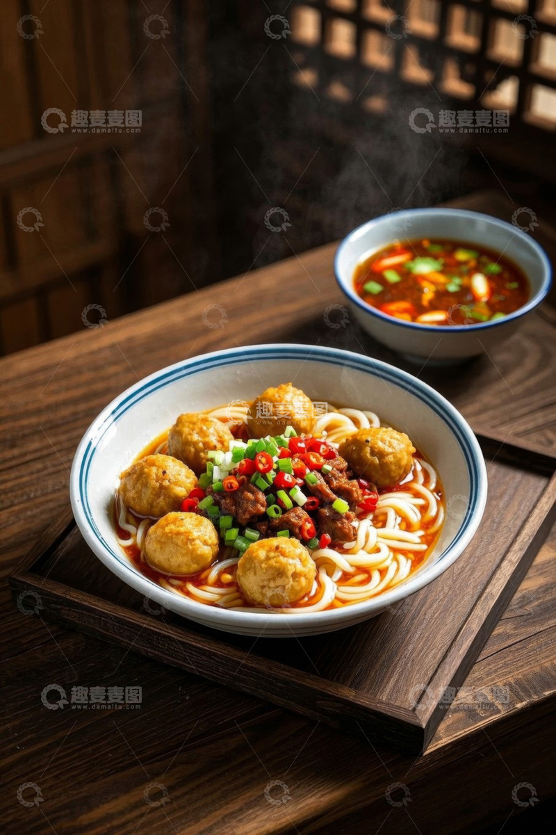 高清大图下载【趣麦麦图】木桌上的肉丸面条与汤品