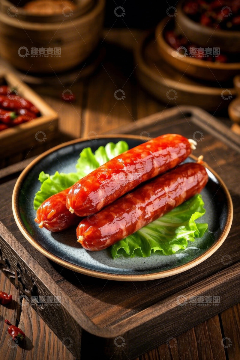 高清大图下载【趣麦麦图】盘中生菜上摆放的美味肉肠