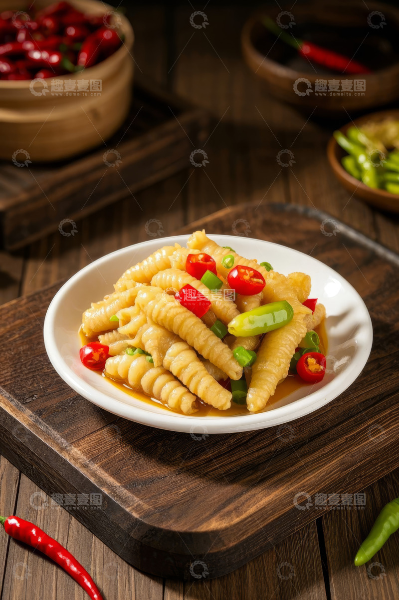 高清大图下载【趣麦麦图】木盘上的香辣凤爪美食