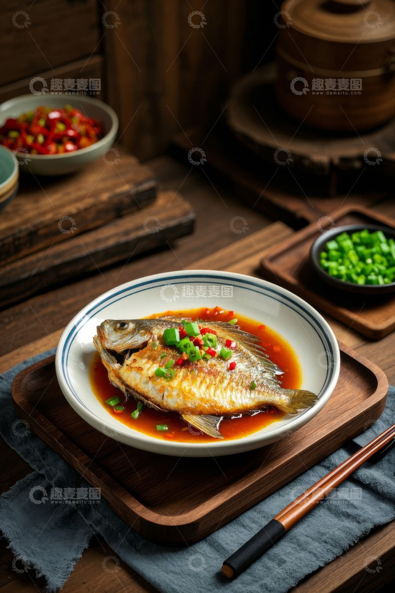 高清大图下载【趣麦麦图】中式摆盘的红烧鱼美食