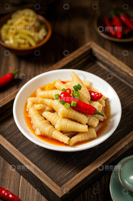 木盘上的美味泡椒凤爪
