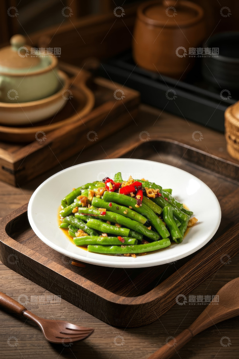 高清大图下载【趣麦麦图】中式餐桌上的炒豆角美食