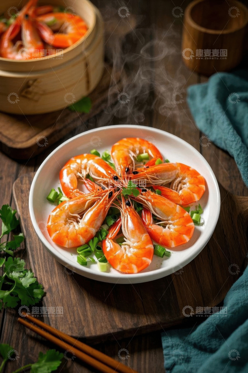 高清大图下载【趣麦麦图】白盘上摆放的鲜嫩大虾