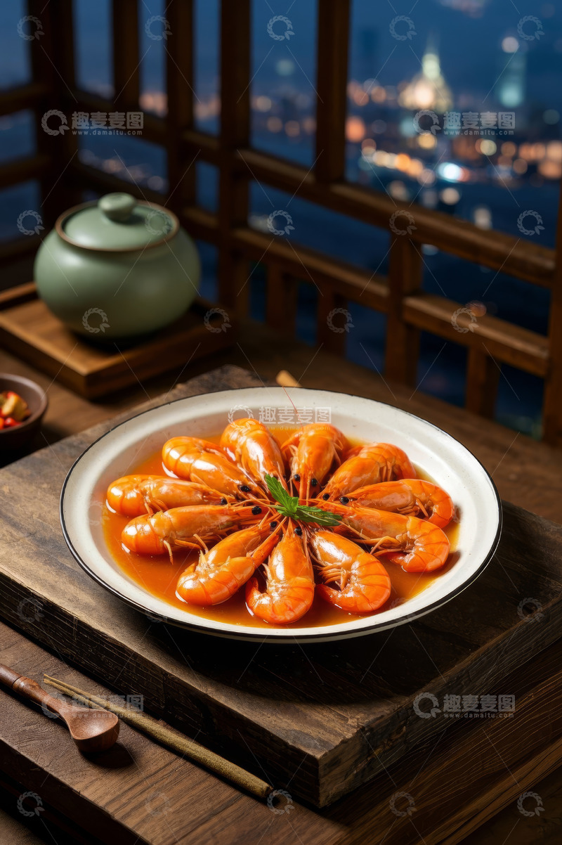 高清大图下载【趣麦麦图】中式窗边摆盘精致的大虾菜肴