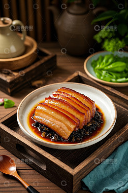 中式餐盘里的美味红烧肉