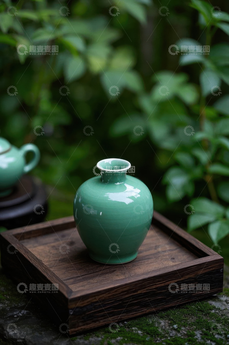 高清大图下载【趣麦麦图】户外木托盘上的青绿色陶瓷瓶