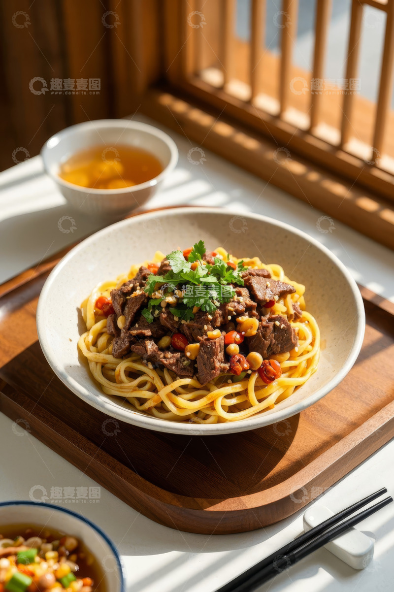 高清大图下载【趣麦麦图】木托盘上的牛肉面条与茶饮