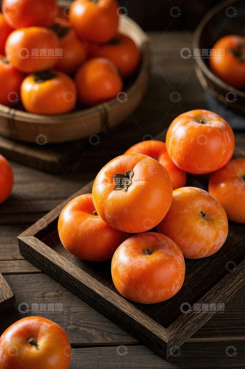 高清大图下载【趣麦麦图】木盘竹篮中摆放的新鲜柿子