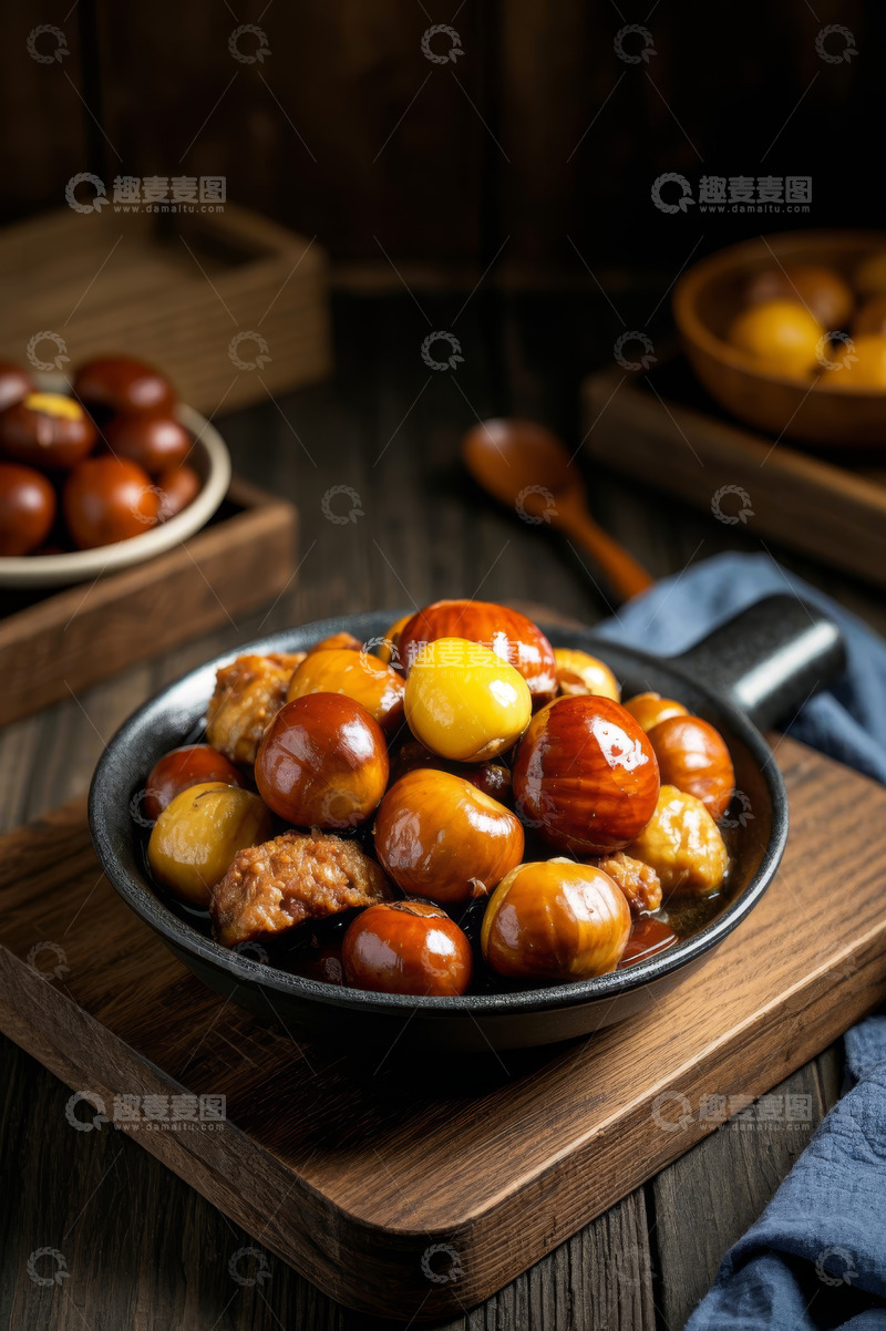 高清大图下载【趣麦麦图】木盘上的板栗炖肉美食