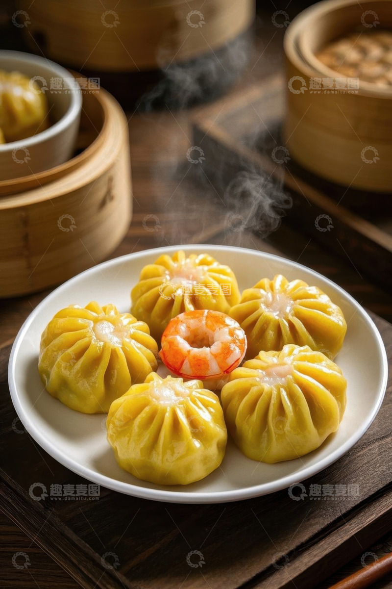 高清大图下载【趣麦麦图】美味虾肉小笼包特写